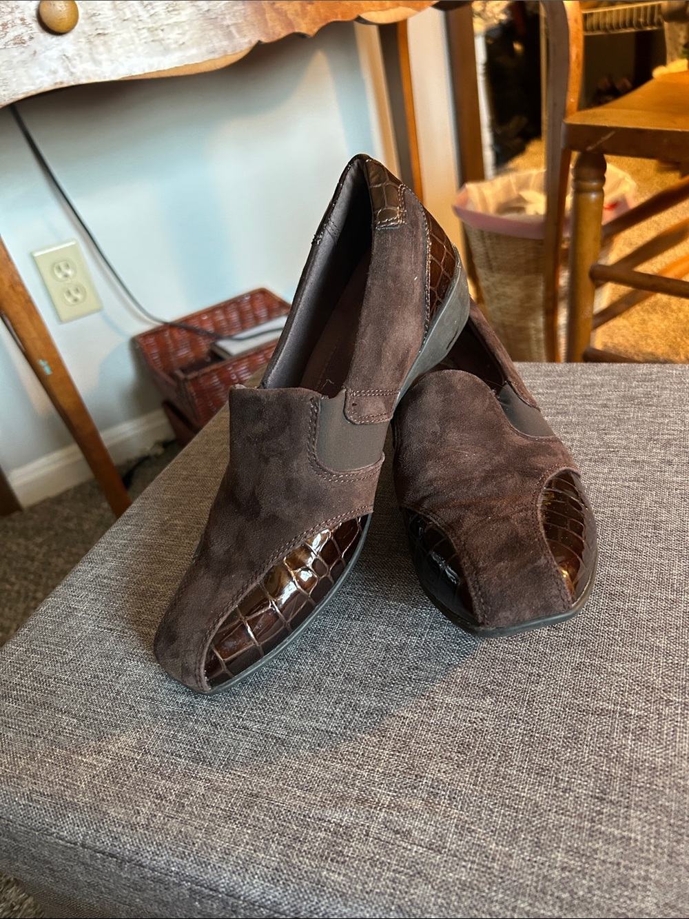 Clarks Women's Brown Suede Loafers with Croc-Embossed Toe